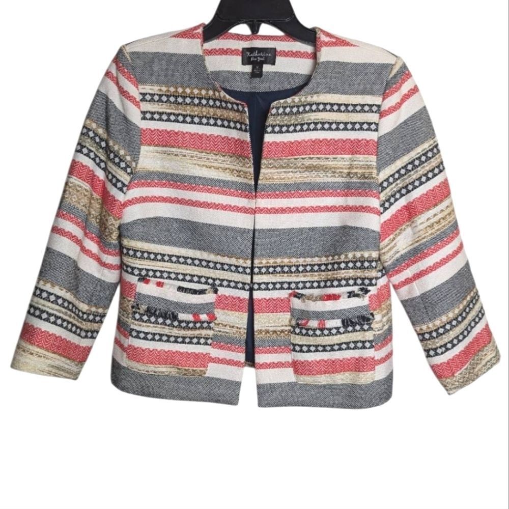 Katherine New York Multicolor Cream Red Navy Tweed Striped Jacket Blazer M